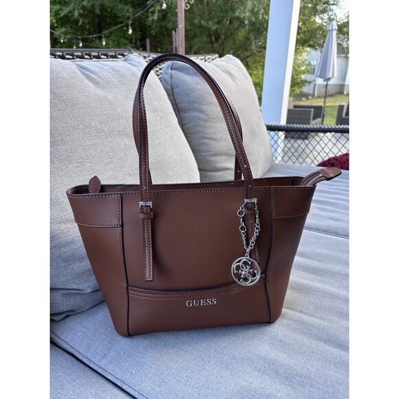 Guess Delaney Brown Cognac Tote Handbag Purse Tote - Picture 2 of 12